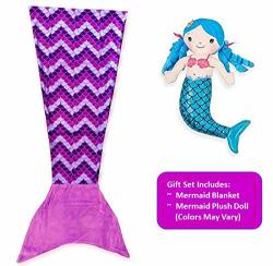 Mermaid Gift Set: Mermaid Blanket With Mermaid Plush Toy Doll Gift Set For Girls Purple Scale Mermaid Blanket