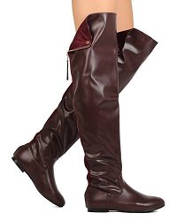 Women Over The Knee Flat Boots Snap Cuff Back Zipper Fashion Long Boots Wine 8