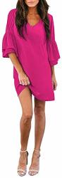 Svaliy Women's Chiffon V Neck Bell Sleeve Casual Loose Shift Party MINI Short Dresses Rose XL
