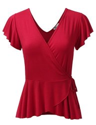 DEEP Doublju V-neck Surplice Ruffle Blouse Cross Wrap Tops For Women With Plus Size Made In Usa Red Medium
