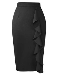 Anggrek Women's Knee Length Wear To Work Office Wrap Skirt With Elastic Waist Black