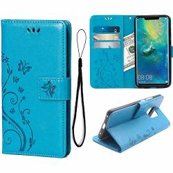 Wallet Case Huawei Mate 20 Pro 3 Card Holder Embossed Butterfly Flower Pu Leather Magnetic Flip Cover Huawei Mate 20 Pro Blue