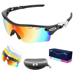 Afarer Polarized Sports Sunglasses For Men Women Outdoor Driving Fishing Cycling Running Golf With 5 Set Interchangeable Lenses TR90 Unbreakable Frame Black Sliver